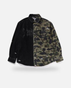 Bape 1st Camo Blocking Destoryed Heavy Wash Logo Ls Shirt, front view