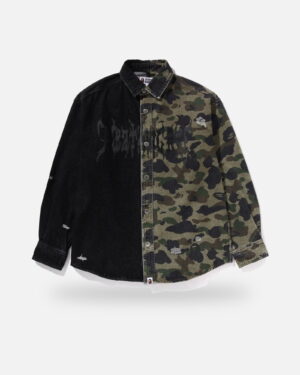 Bape 1st Camo Blocking Destoryed Heavy Wash Logo Ls Shirt, front view